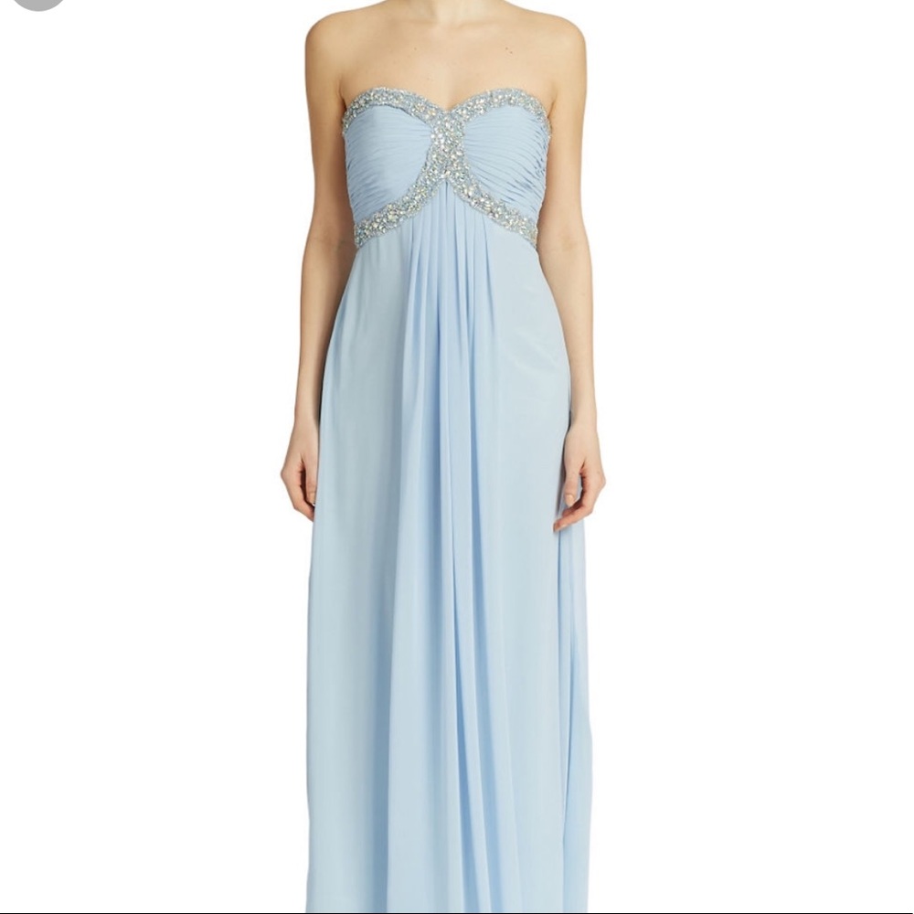 XSCAPE light blue beaded bow back dress
